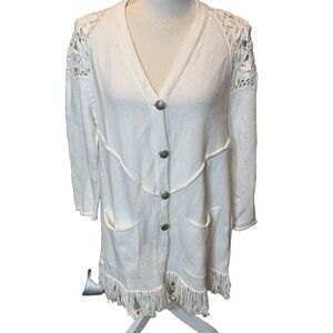 Akira ART TO WEAR White Long Button Cardigan FRINGE  Jacket Cottagecore SZ S